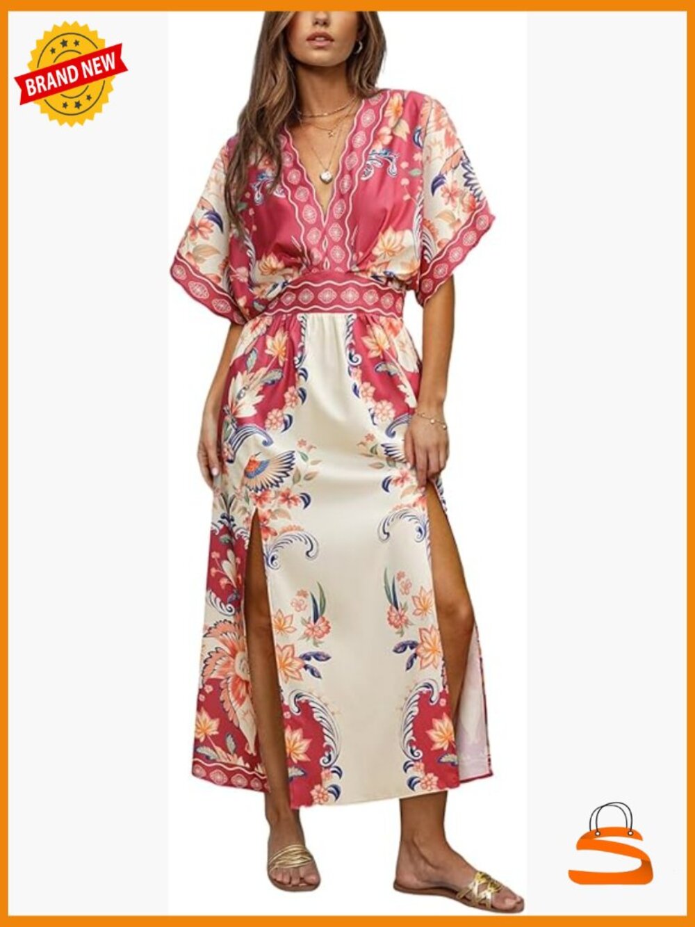 Boho Plunging V Maxi Dress with Dolman Sleeves & Side Slit